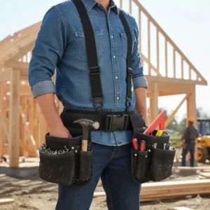 Full view of the modular tool belt system with adjustable, comfortable suspenders and two large framing pouches attached.