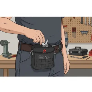 Illustration of a worker easily accessing a multi-tool and screwdrivers from a rugged utility pouch for belt.