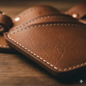 Texture shot of full-grain leather, highlighting the rich quality used to craft the professional leather tool belts and pouches.