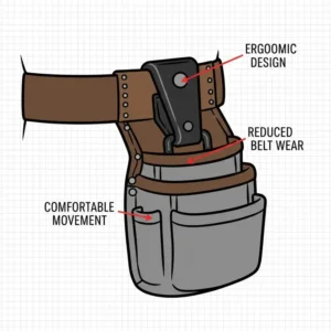 Side profile highlighting the ergonomic design of the tool pouch clip to ensure comfort and durability.