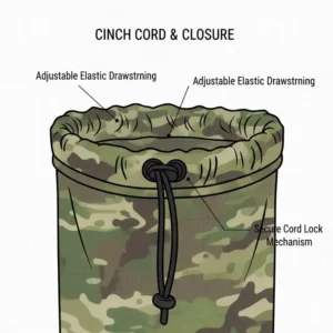 Illustration of the adjustable elastic cinch cord top on a multicam dump pouch to prevent gear loss.