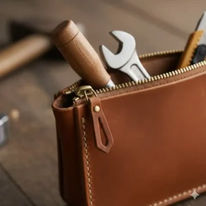 Detailed image of the heavy-duty, antique brass zipper and leather pull tag used for the reliable closure on this small leather tool pouch.