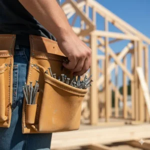 A professional carpenter reaching into the deep, reinforced nail pouch section of their framing pouches to grab fasteners.