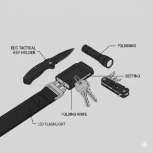 Everyday carry (EDC) layout featuring a tactical key holder, folding knife, and flashlight.