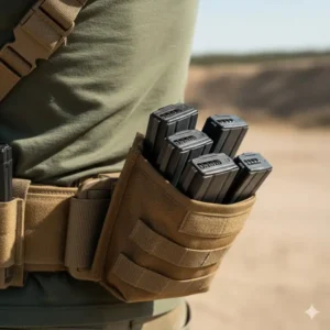 Illustration 5: Demonstration of a roll up dump pouch holding several empty rifle magazines to show its storage capacity.