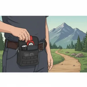 Image showing a tactical utility pouch for belt being used on a hiker's belt, storing a compass, flashlight, and phone.