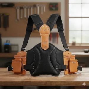 An image highlighting the padded back support and suspenders feature of the ergonomic tool belts for sale.