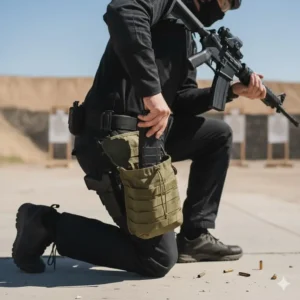 A shooter dropping an empty magazine into a waist-mounted mag dump pouch during a drill.
