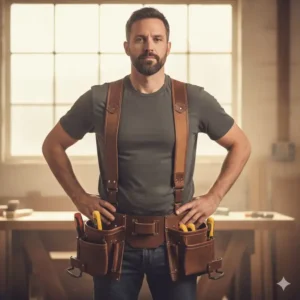 An image demonstrating the comfortable fit of the professional leather tool belts and pouches, paired with an optional padded suspender system.