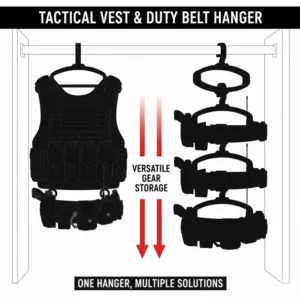 Illustration of efficient vertical closet storage using a specialized duty belt hanger.