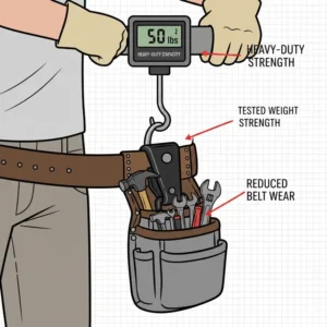 Diagram detailing the weight capacity and strength of the heavy-duty tool pouch clip.