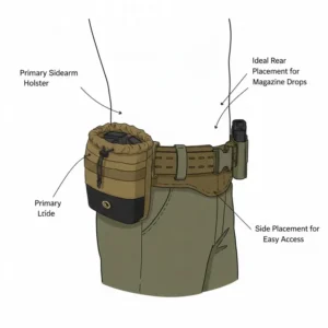 Ergonomic guide showing the ideal placement of the best dump pouch on a tactical duty belt.