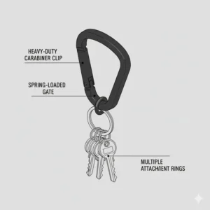 Illustration of a heavy-duty carabiner style tactical key holder with multiple attachment rings.