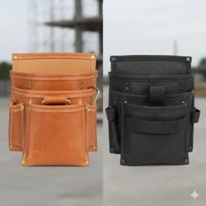Side-by-side comparison of different materials—leather and synthetic—used to construct professional framing pouches.