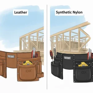 Side-by-side comparison of a leather ox tool belt and a synthetic nylon ox tool belt, highlighting material differences.