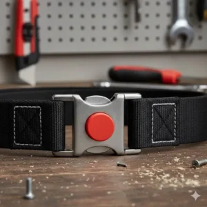 A close-up of the metal, quick-release buckle mechanism designed for safety on these tool belts for sale.