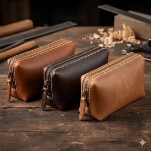 A grouping of three small leather tool pouches in different colors: classic brown, dark espresso, and distressed tan.