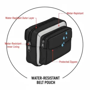 Cross-section diagram demonstrating the water-resistant lining and protected zippers of the utility belt pouch to keep contents dry.