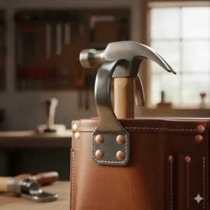 A detail of the rust-resistant steel hammer loop securely attached to the durable leather tool belts and pouches.