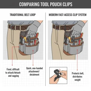 Comparison graphic between a traditional belt loop and a modern, fast-access tool pouch clip.