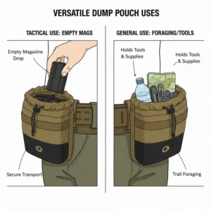 Versatile usage illustration of the best dump pouch for both magazine recovery and outdoor foraging.