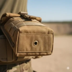 Illustration 7: Close-up of the metal drainage grommet at the bottom of the roll up dump pouch to prevent debris accumulation.