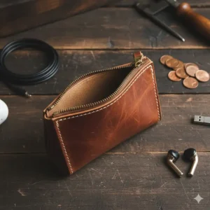 Top-down, flat lay photograph of an empty, open small leather tool pouch laying flat, perfect for organizing cables, coins, or small gadgets.