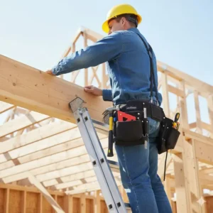 Ergonomic framing pouches providing easy, hands-free access to tools while a construction worker safely stands on a ladder.