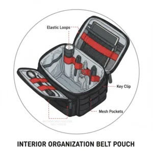 Detailed view of the interior organization of the utility pouch for belt, highlighting the elastic loops, mesh pockets, and key clip.