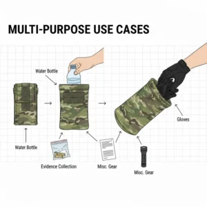 Illustration showing a multicam dump pouch used as a utility bag for carrying gloves and miscellaneous tactical gear.