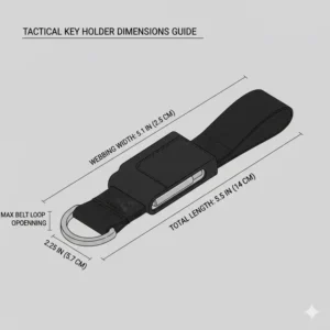 Technical drawing showing the compact dimensions and belt loop width of a standard tactical key holder.