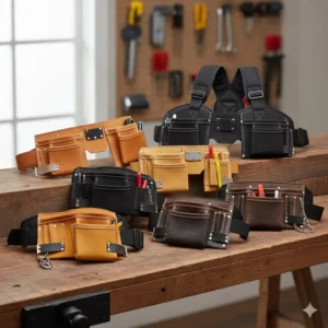 A display of various styles, sizes, and materials of tool belts for sale, offering a wide range of options for buyers.