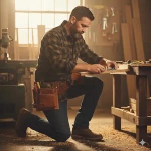 A woodworker kneeling down, efficiently accessing tools from the well-worn leather tool belts and pouches while working on a construction project.