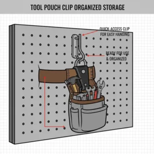 Organized storage solution showing a full tool pouch hanging safely from a hook using the integrated tool pouch clip.