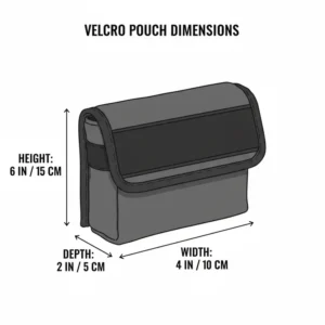Technical illustration showing the specific height and width dimensions of a velcro pouch.
