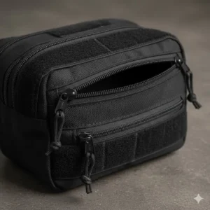 Front view showing the heavy-duty closure and zipper of a black velcro admin pouch.