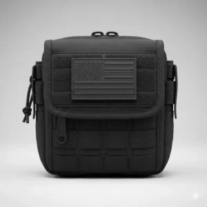 Front exterior view of a black molle admin pouch featuring a loop field for morale patches.