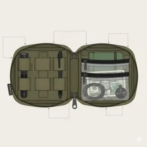 Detailed interior view of a small admin pouch showing elastic loops and mesh pockets for organization.