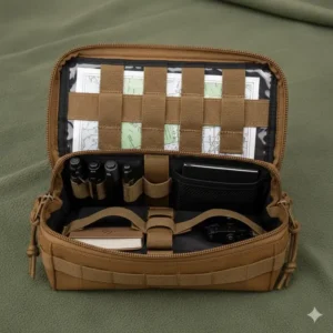 Open view of a tactical admin pouch displaying elastic loops, internal dividers, and a clear map sleeve.