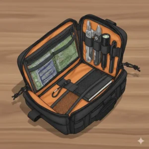 Internal view showing the organizer compartments of a small molle admin pouch holding tools and a notebook.