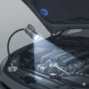 A magnetic automotive flashlight attached to the underside of a car hood during an oil change.