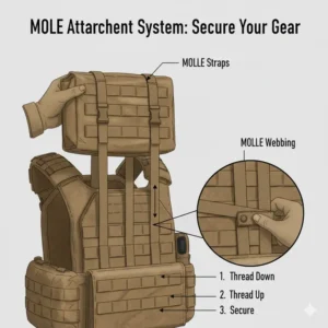 Detailed diagram showing how to properly secure tac pouches using the standard MOLLE webbing system.