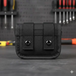 The rear view showing heavy-duty straps and attachment system of a molle tool pouch.