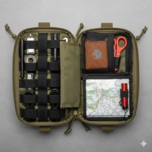 Interior view of an admin pouch featuring elastic loops and mesh pockets for organizing pens and multi-tools.
