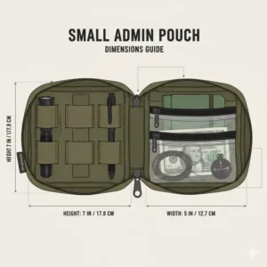 Technical illustration showing the height and width measurements of a small admin pouch.