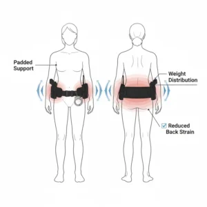 Illustration showing how a padded patrol belt distributes weight across the hips to reduce lower back strain.