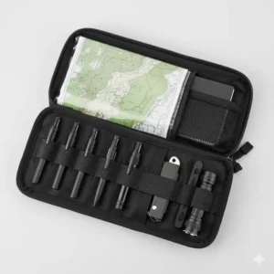 The interior layout of an open molle admin pouch displaying elastic loops and map sleeves.