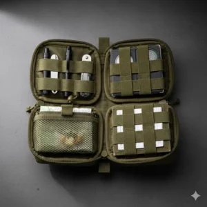 Interior details of a velcro admin pouch with elastic loops and mesh pockets for tools.