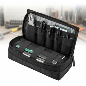 An open molle tool pouch showing internal elastic loops and organized compartments.