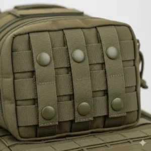 Close-up of the rear heavy-duty MOLLE straps and snap buttons on a tactical admin pouch for secure gear attachment.